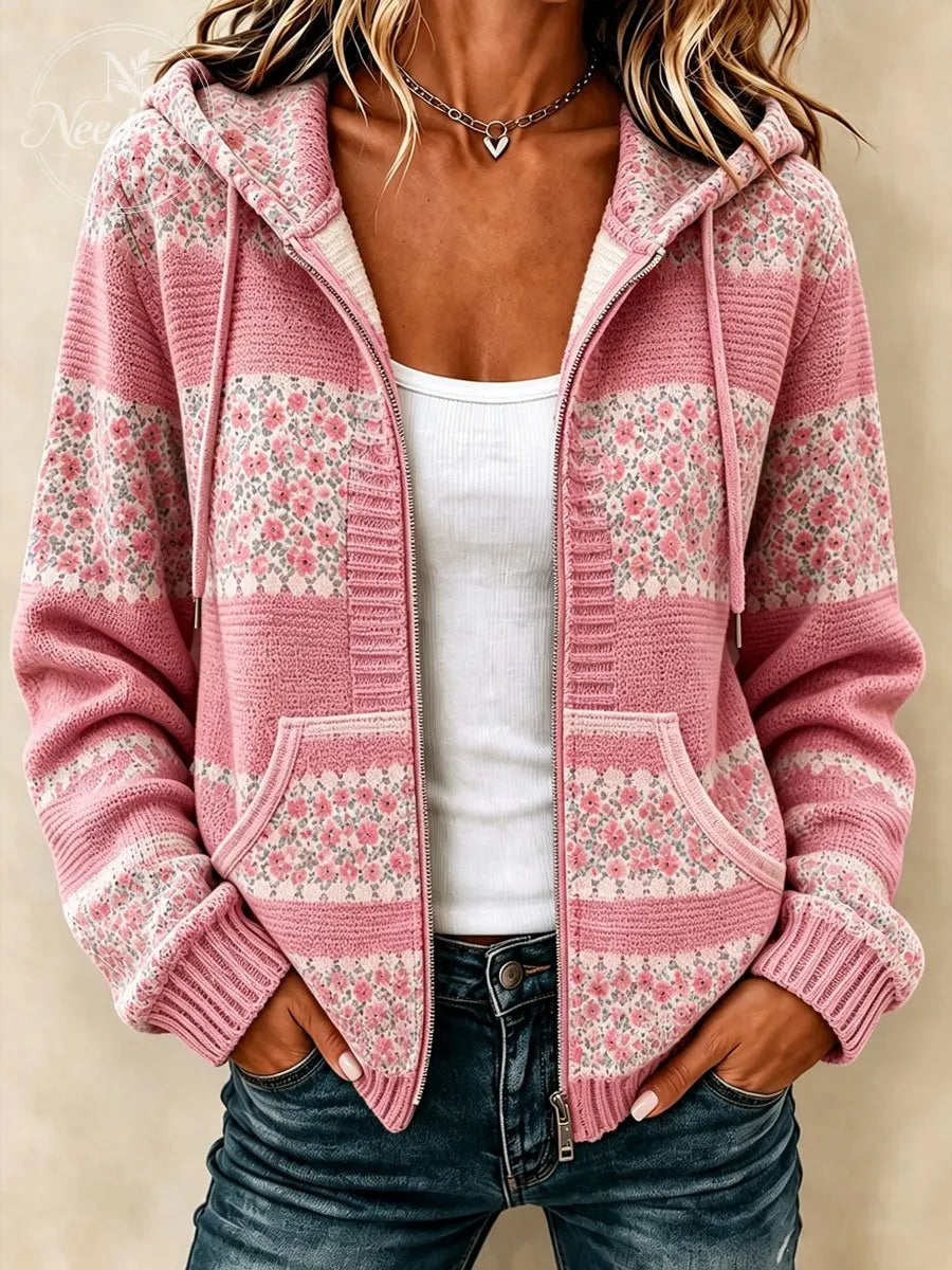 Women'S Casual Floral Knitted Zipper Sweatshirt