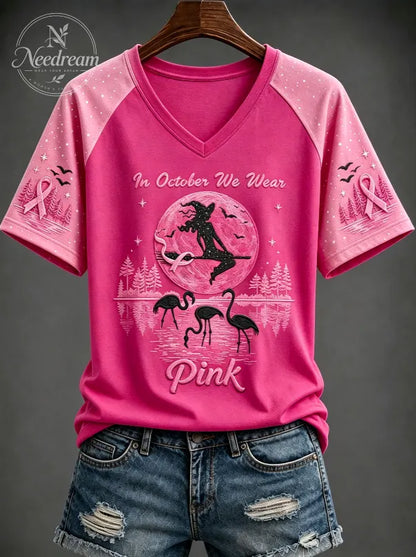 Women's Breast Cancer “IN OCTOBER WE WEAR Pink” Printed V-neck T-shirt