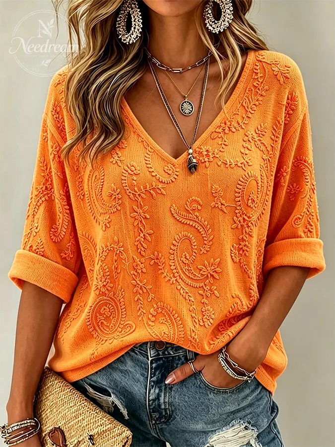 Women Flower Waffle V-neck Print Top