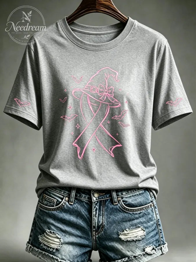 Women's Pink Witch Hat Printed Casual T-Shirt