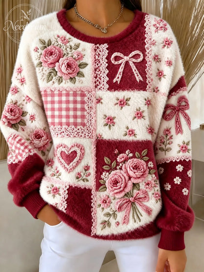 Women's Retro Floral Patchwork Fuzzy Sweater
