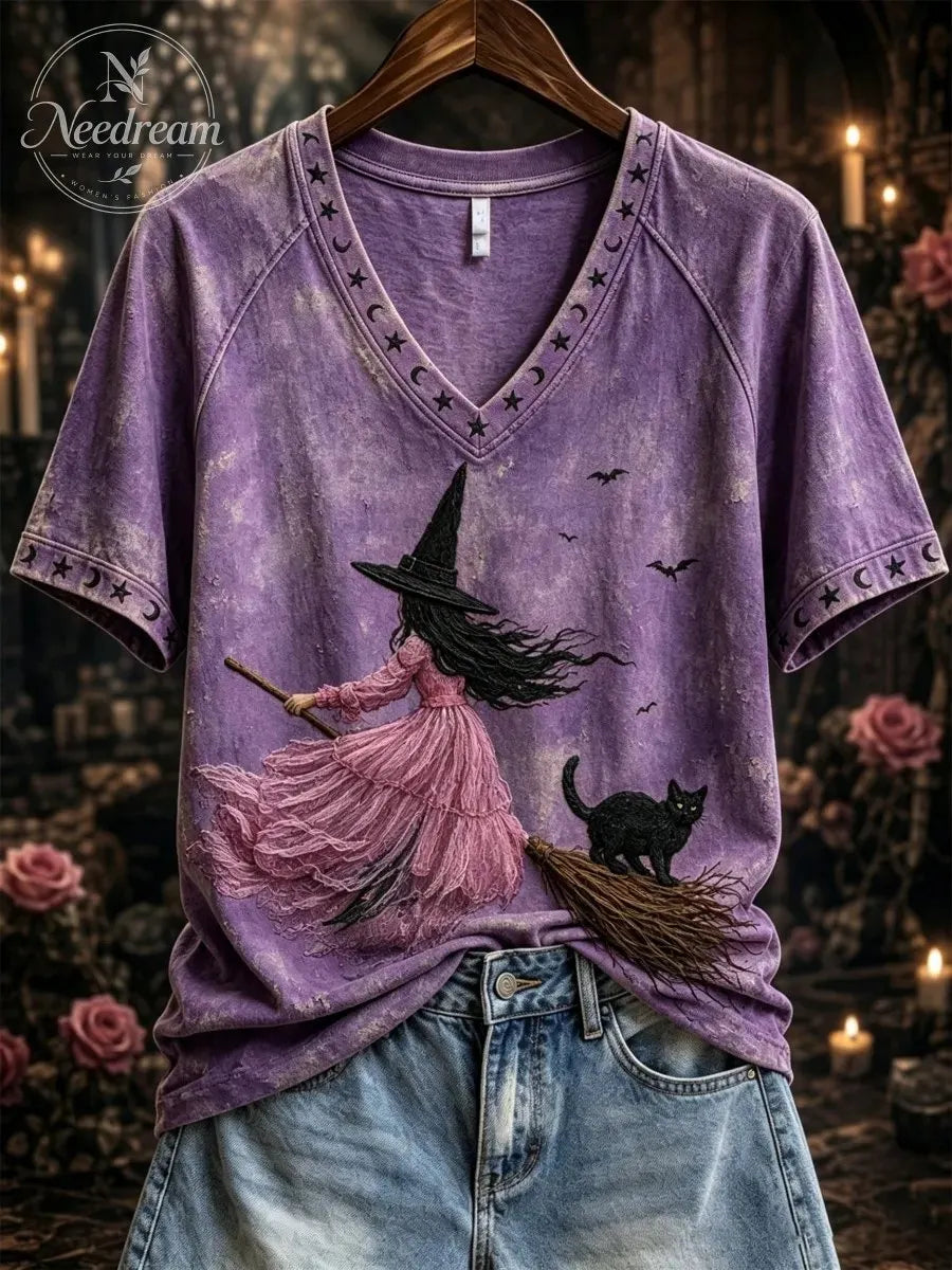 Women's Pink Witch-Themed Print Casual T-Shirt
