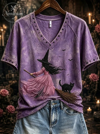 Women's Pink Witch-Themed Print Casual T-Shirt