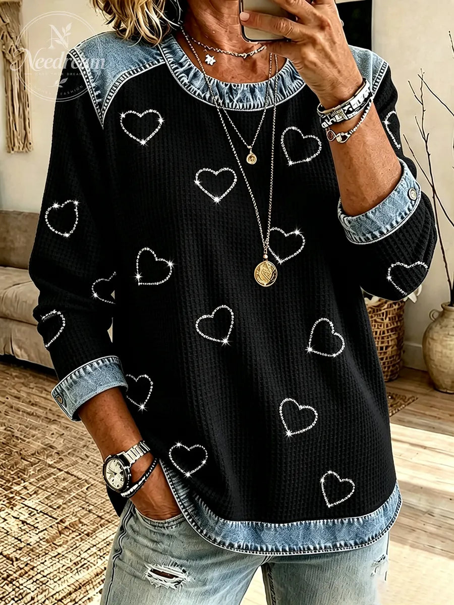 Women's Casual Heart-Shaped Rhinestone Sweatshirt