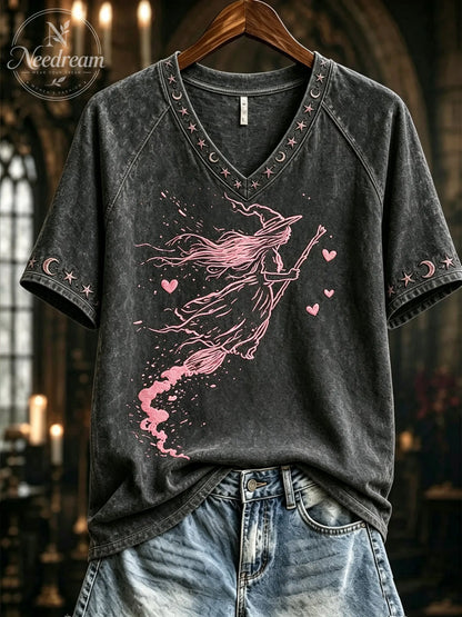 Women's Pink Witch-Themed Print Casual T-Shirt