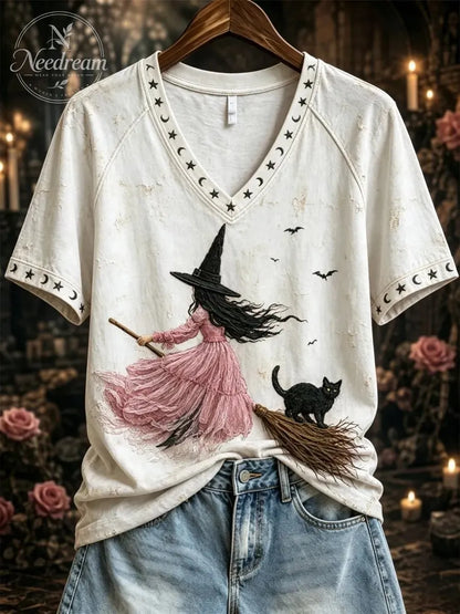 Women's Pink Witch-Themed Print Casual T-Shirt