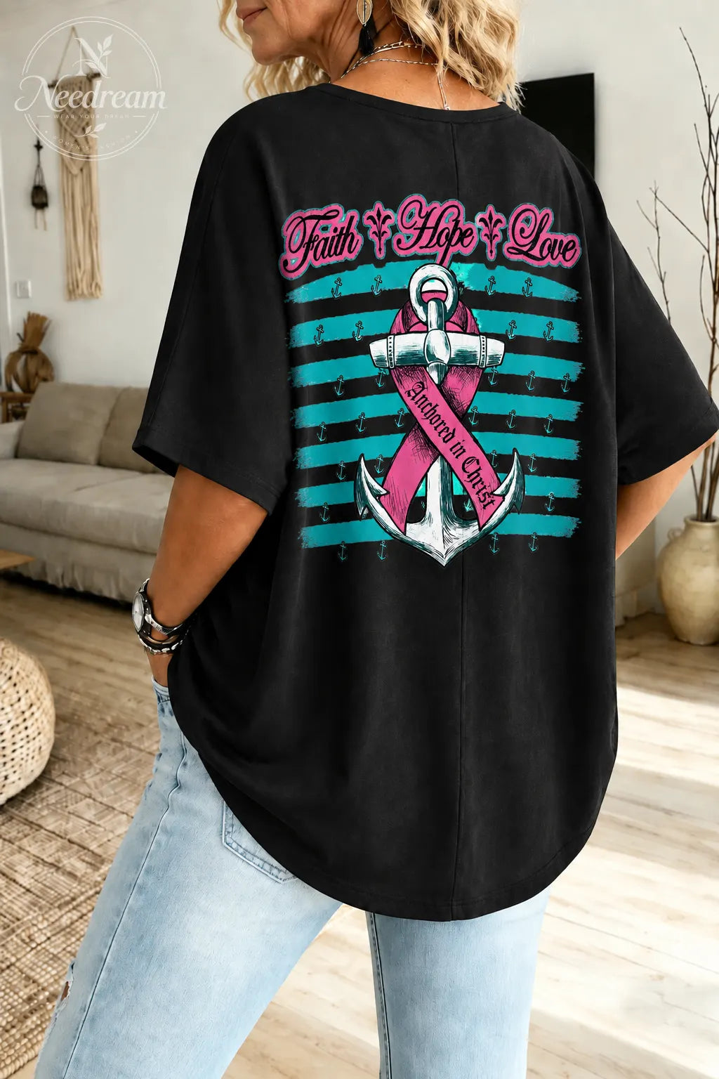 Women's Breast Cancer Awareness Hope Loose-Fit Pure Cotton V-Neck T-Shirt