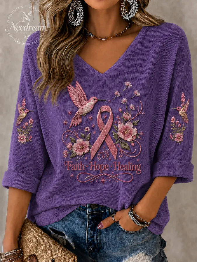 Women'S Breast Cancer Art Printed V-Neck Top