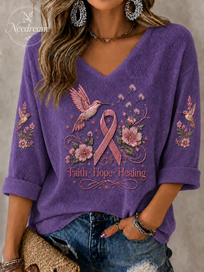 Women'S Breast Cancer Art Printed V-Neck Top
