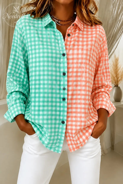 Women'S Casual Retro Pink And Green Color-Block Plaid Shirt