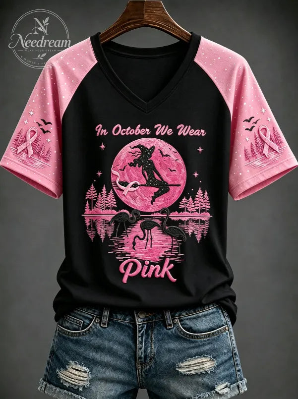 Women's Breast Cancer “IN OCTOBER WE WEAR Pink” Printed V-neck T-shirt