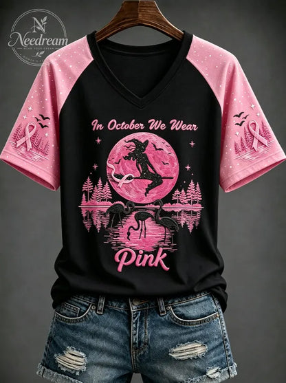 Women's Breast Cancer “IN OCTOBER WE WEAR Pink” Printed V-neck T-shirt