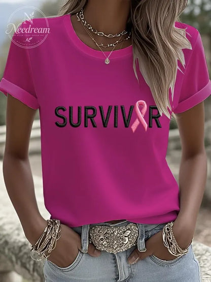 Women's Breast Cancer Survivors Print Round Neck Short Sleeve Linen Blend Shirt