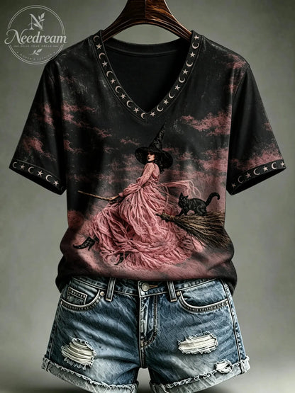 Women's Halloween Breast Cancer Pink Printed V-neck T-shirt
