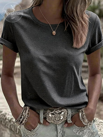 Women's Solid Color Casual Round Neck T-Shirt
