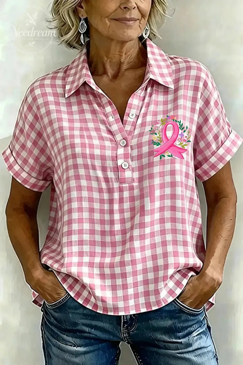 Women's Classic Plaid Cotton-Linen V-Neck Button-Front Shirt