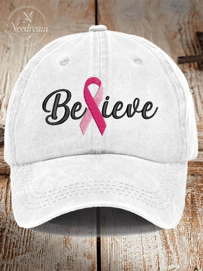 Breast Cancer Believe Ribbon Print Hat