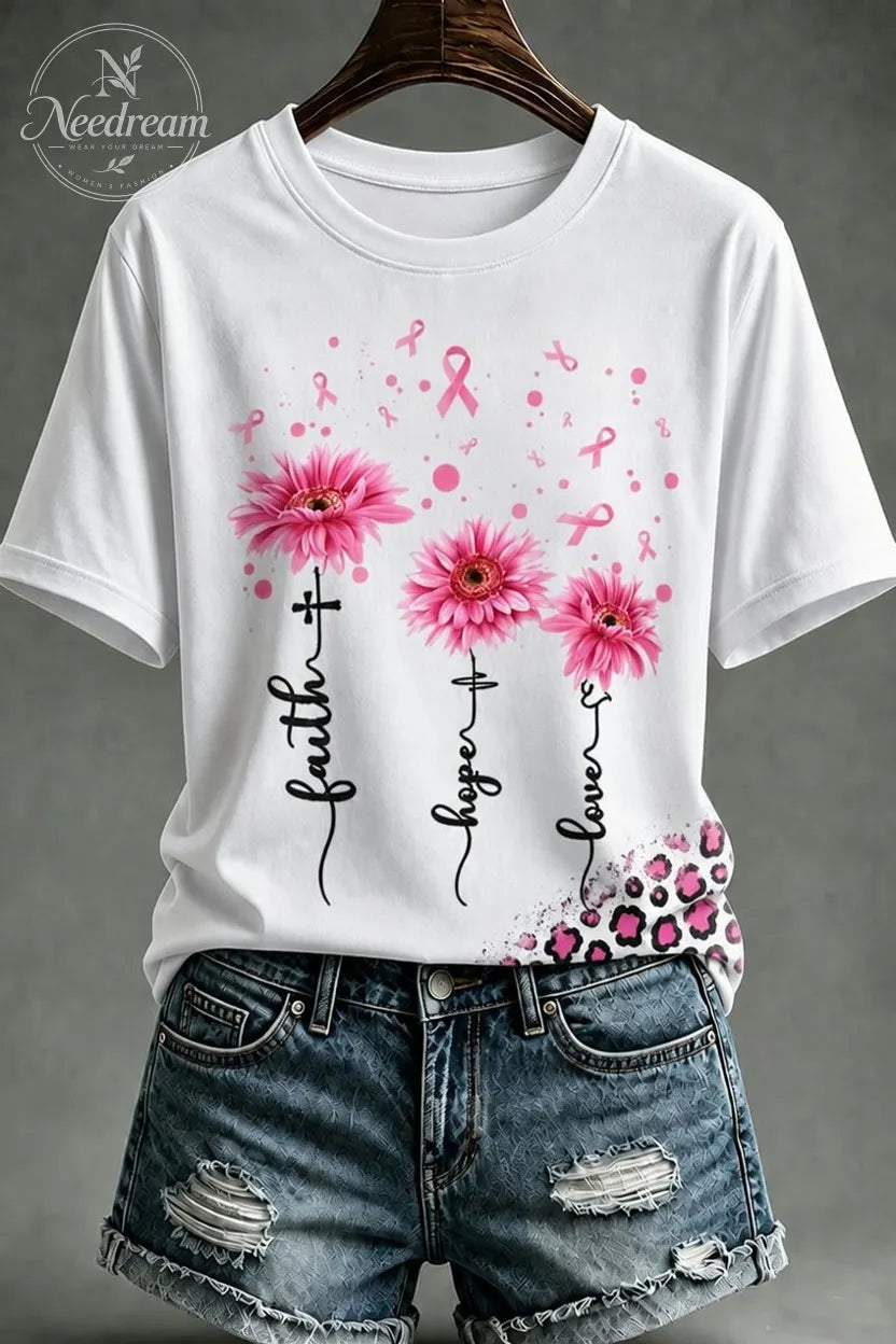 Women'S Retro Faith Pink Printed Casual T-Shirt