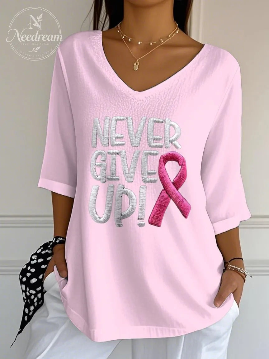Women's Retro Never Give Up Breast Cancer Print Mid Sleeve T-Shirt
