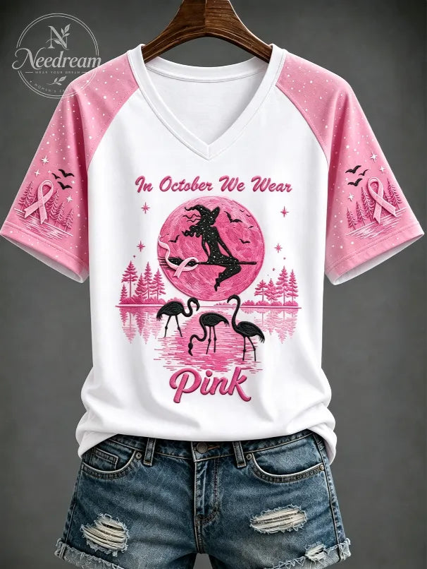 Women's Breast Cancer “IN OCTOBER WE WEAR Pink” Printed V-neck T-shirt