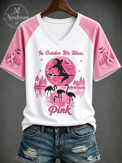 Women's Breast Cancer “IN OCTOBER WE WEAR Pink” Printed V-neck T-shirt