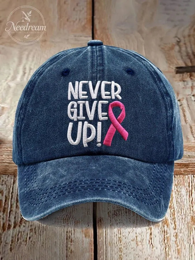 Never Give Up Pink Ribbon Breast Cancer Awareness Print Baseball Cap
