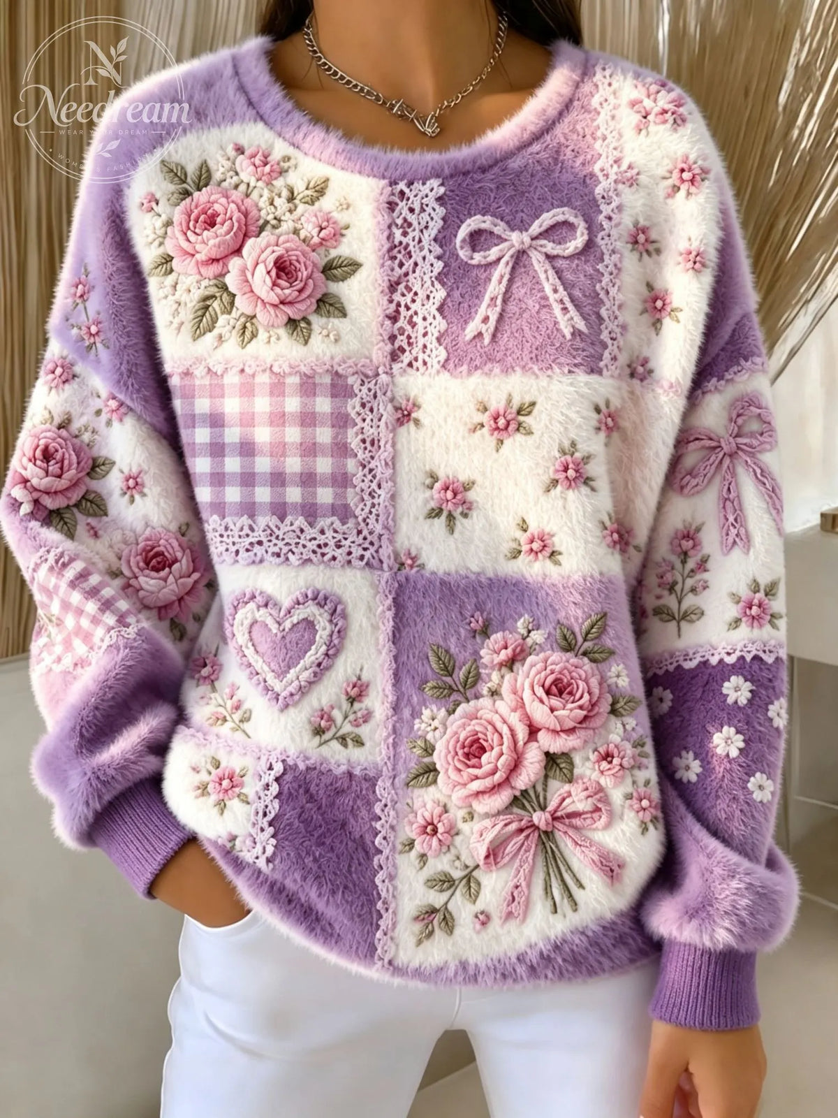 Women's Retro Floral Patchwork Fuzzy Sweater