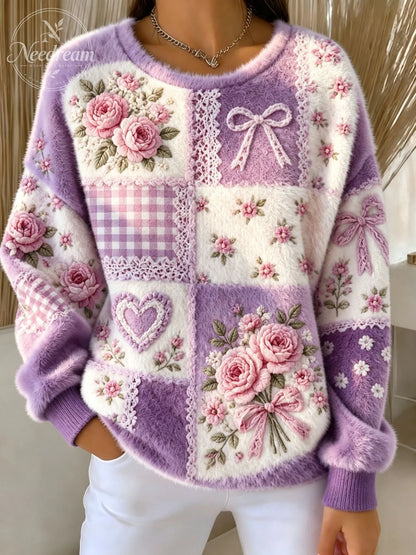 Women's Retro Floral Patchwork Fuzzy Sweater