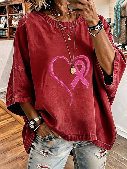 Women's Breast Cancer Awareness Ribbon Distressed Washed Oversized T-Shirt