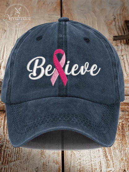 Breast Cancer Believe Ribbon Print Hat