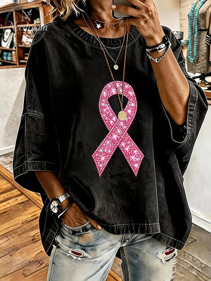 Women's Breast Cancer Awareness Pink Ribbon Distressed Washed Oversized T-Shirt