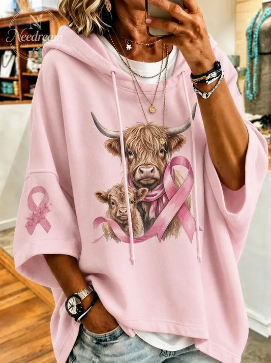 Women's Breast Cancer Awareness Highland Cow Printed Hoodie