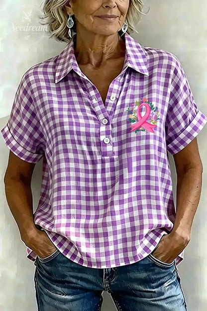 Women's Classic Plaid Cotton-Linen V-Neck Button-Front Shirt