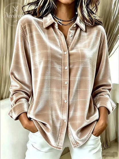 Women'S Gold Velvet Long-Sleeve Shirt With Lapel And Single-Breasted Button Closure