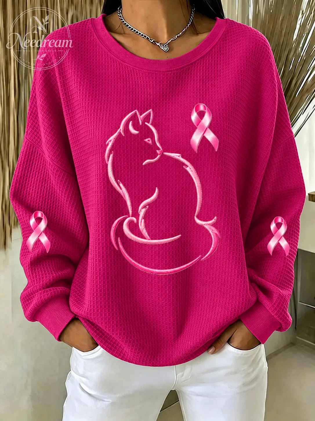 Women'S Breast Cancer Cat Print Sweatshirt