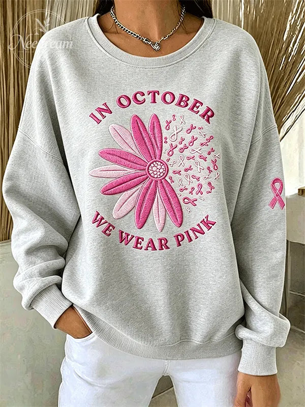 Women's In October We Wear Pink Breast Cancer Awareness Crewneck Sweatshirt