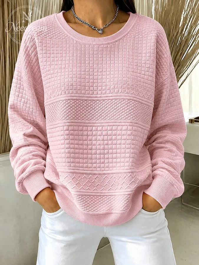 Women'S Pink Round Neck Checkered Sports Shirt