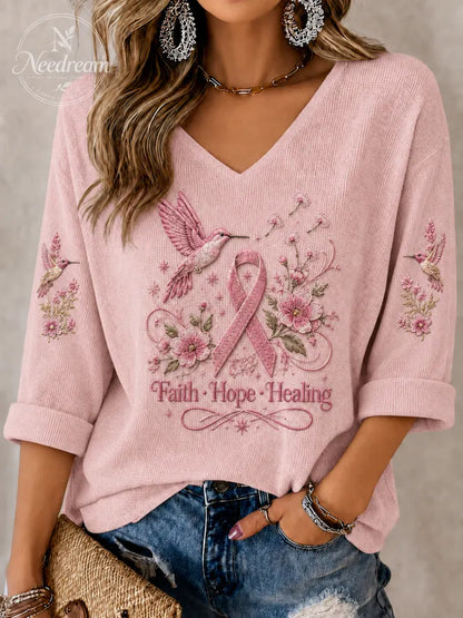 Women'S Breast Cancer Art Printed V-Neck Top