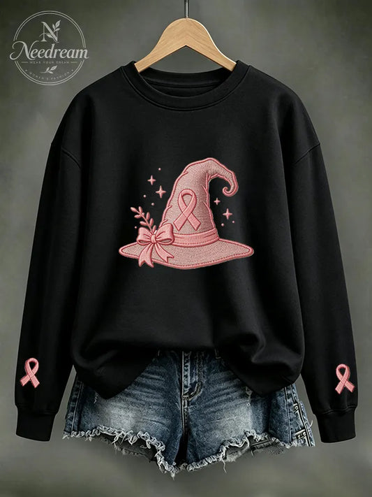 Women Pink Ribbon Witch Hat Embroidered Casual Sweatshirt