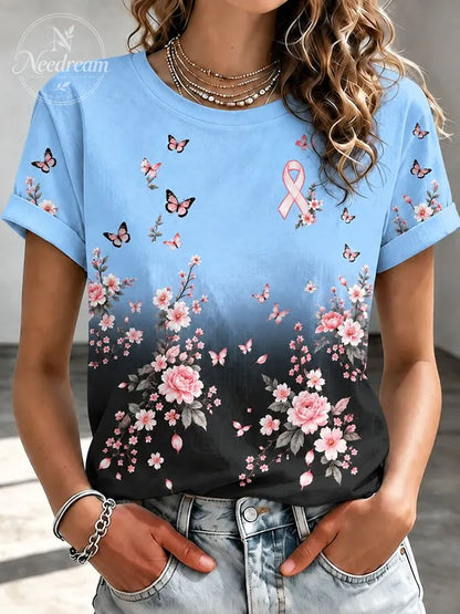 Women'S Pink Floral Butterfly Print Round Neck Short Sleeved T-Shirt