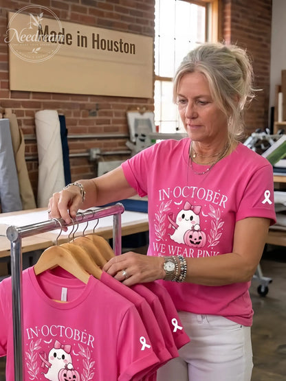 Women'S Breast Cancer Awareness Heart Ribbon Round Neck 100% Cotton T-Shirt