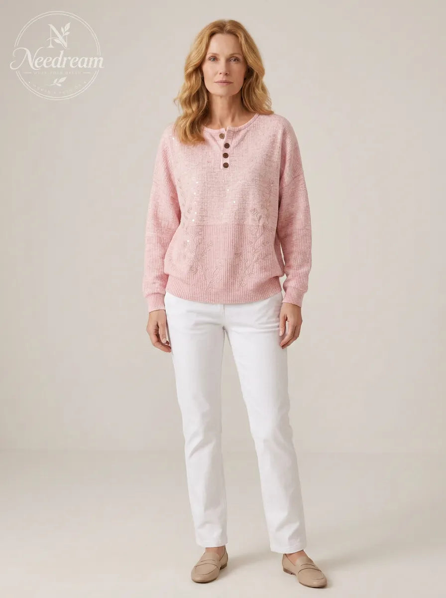 Women's Breast Cancer Awareness Pink Rose Embroidered Buttoned Sweatshirt