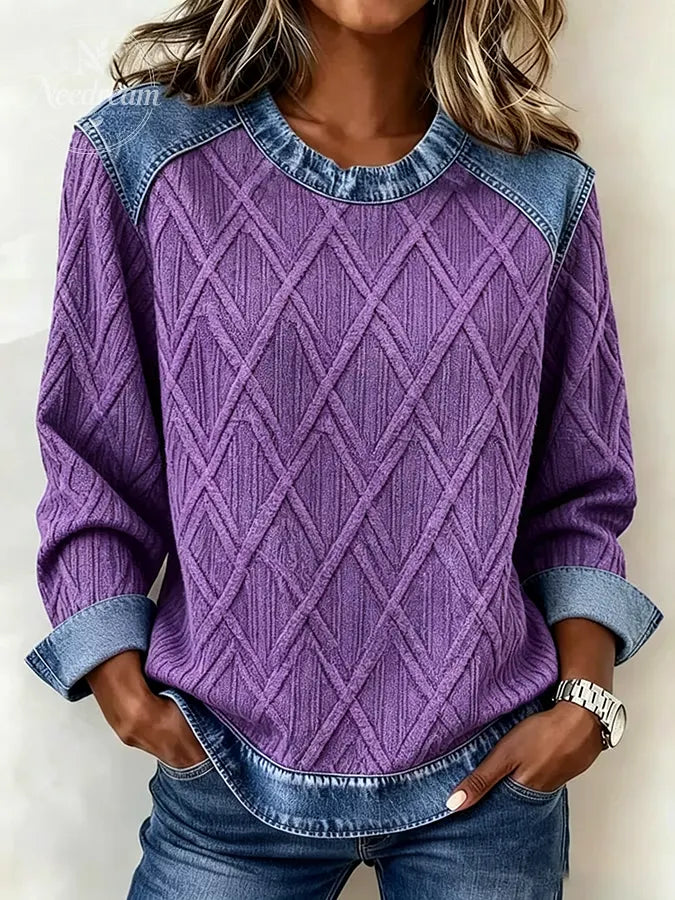 Women's Elegant Regular Fit Contrast Stitching Sweatshirt