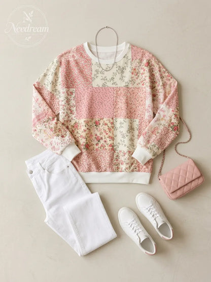 Women's Breast Cancer Awareness Pink Floral Patchwork Printed Sweatshirt