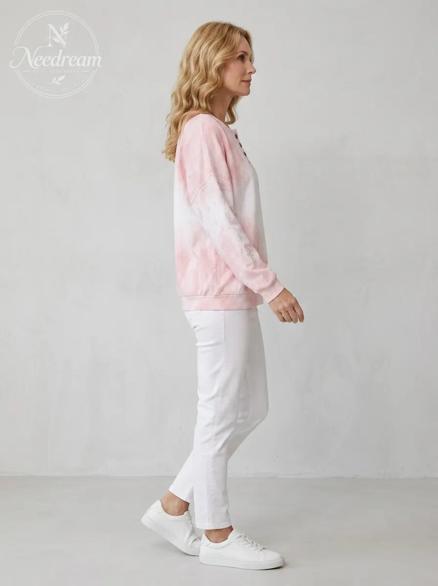 Women's Breast Cancer Awareness Pink Tie-Dye Geometric Printed Henley Sweatshirt