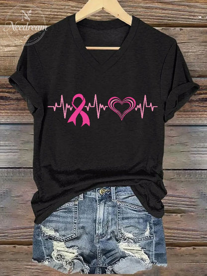 Women's Breast Cancer Awareness Print V-Neck T-Shirt