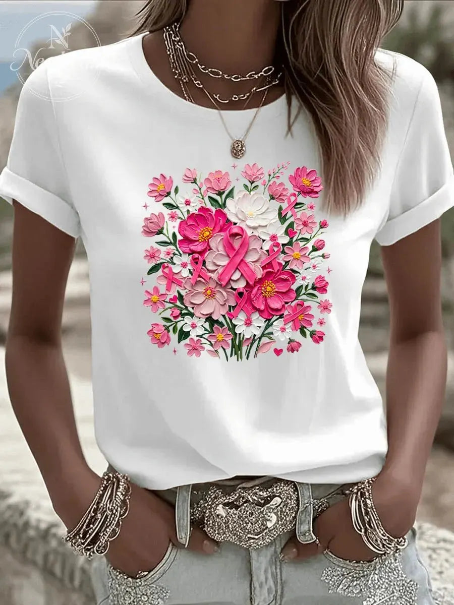 Women's  We Wear Pink Flower Pattern Round-Neck 100% Cotton T-Shirt