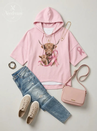 Women's Breast Cancer Awareness Highland Cow Printed Hoodie