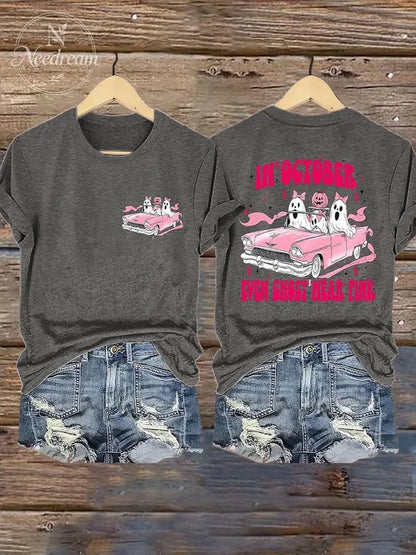 Retro Breast Cancer Awareness Halloween In October Even Ghost Wear Pink Print T-Shirt