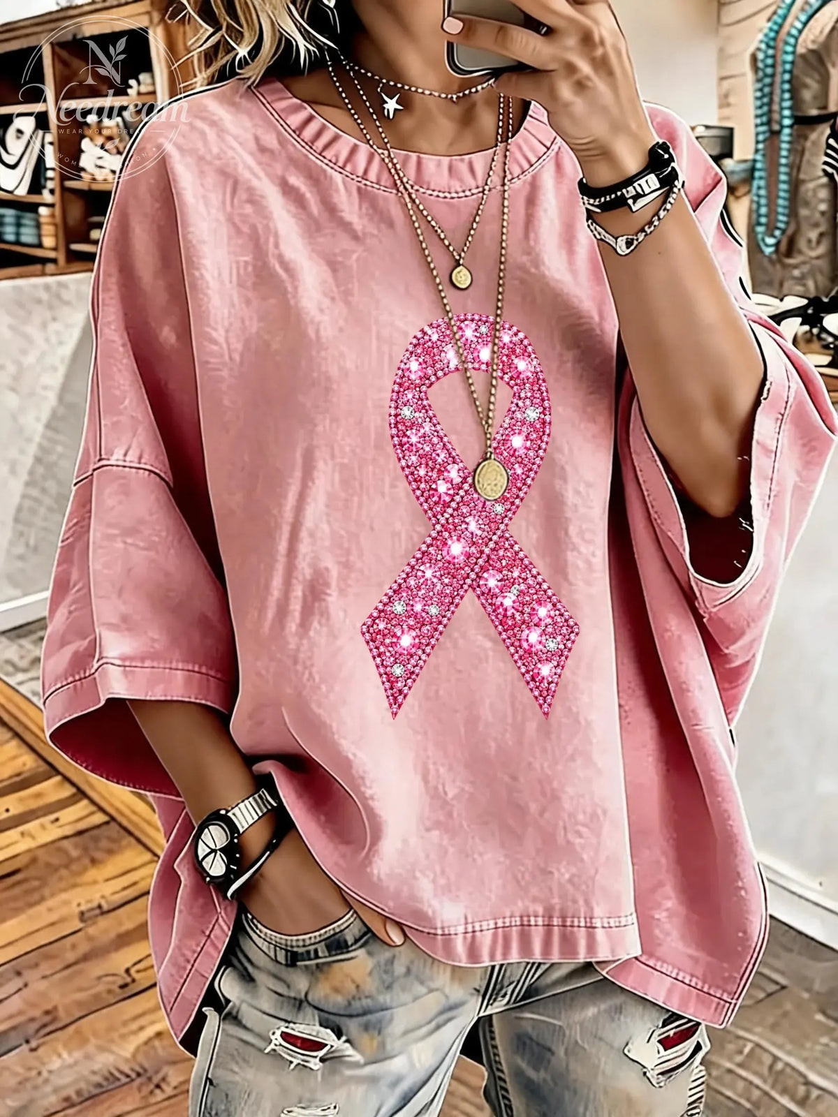 Women's Breast Cancer Awareness Pink Ribbon Distressed Washed Oversized T-Shirt